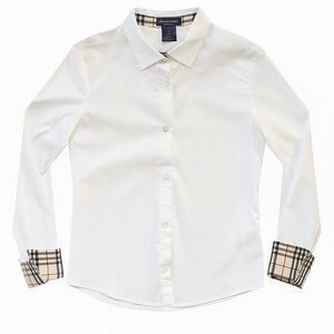 Burberry Girls White Button-Down Shirt – Nova Check Cuffs – Size 10